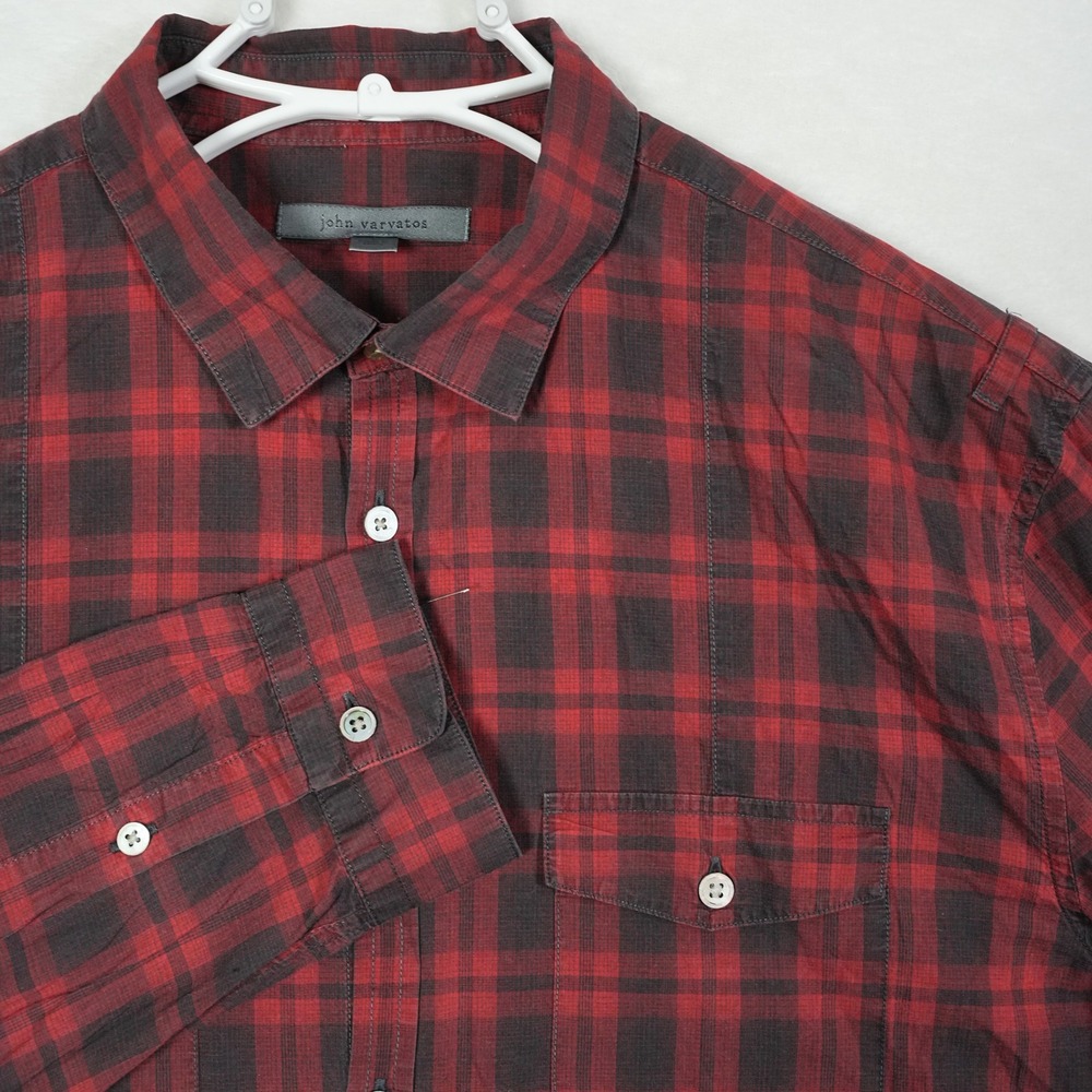 John Varvatos Mens Red Black Plaid Long Sleeve Button Down Shirt Size L‎ Pockets